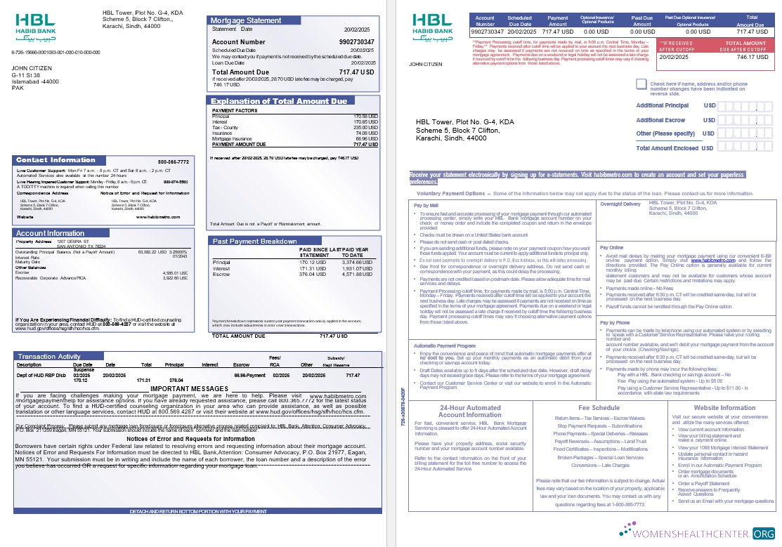 Download Pakistan Habib mortgage statement in Word and PDF formats, 3 pages 1 2 Photoshop template
